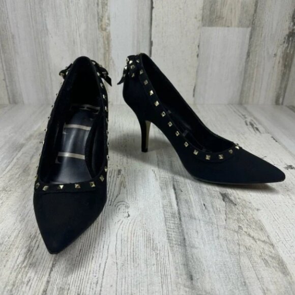 Black Suede Gold Rockstud Heels - Picture 1 of 2